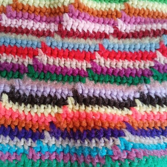 1980's Crochet Afghan Blanket Retro Rainbow Throw Fringe Ends Upcycled 67" x 52" - Picture 5 of 14